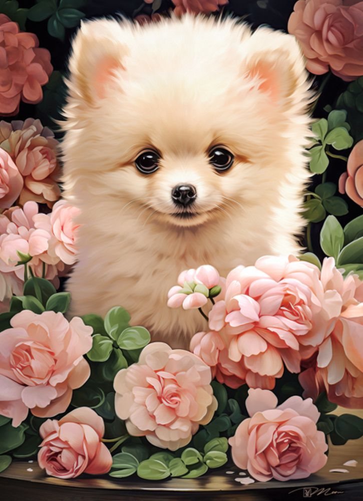 Pussel 300 bitar Pomeranian Puppy in Roses