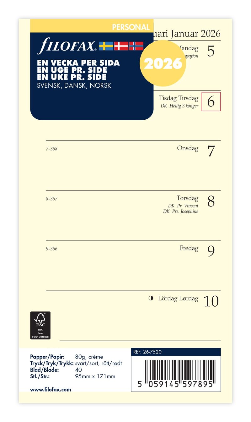 Filofax Personal Refill 2026 Vecka/Sida