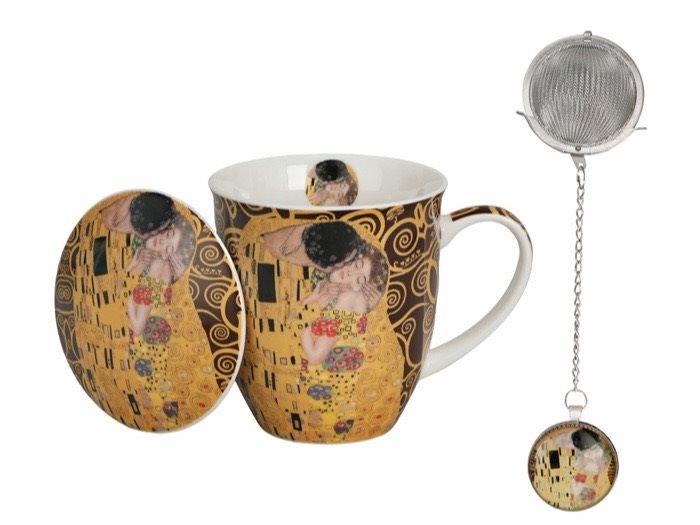 Mugg Klimt The Kiss med tesil och lock